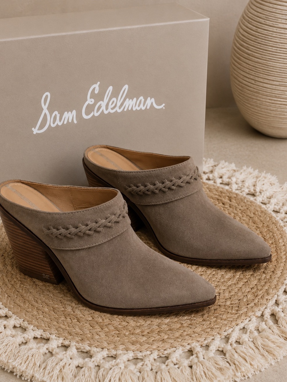 Sam Edelman Allison Taupe Suede Braided Pointed Toe Cone Heel‎ Mules WomansSz 9